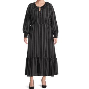 Terra & Sky Peasant Tiered Boho Maxi Dress Black Ikat Striped 2X NEW